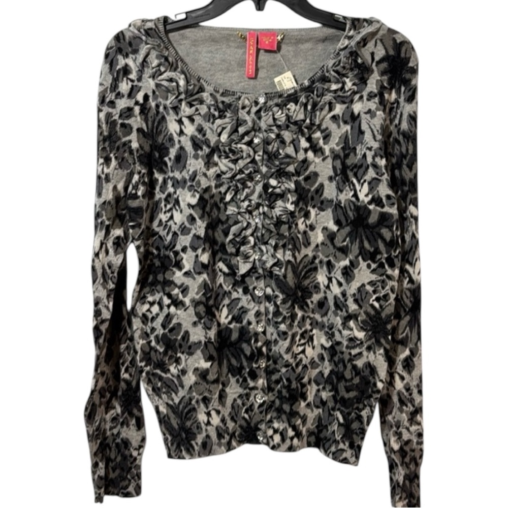 Charlotte Sweater Black/Grey‎ Cardigan Ruffle Decorative Buttons in Size XL. NWT